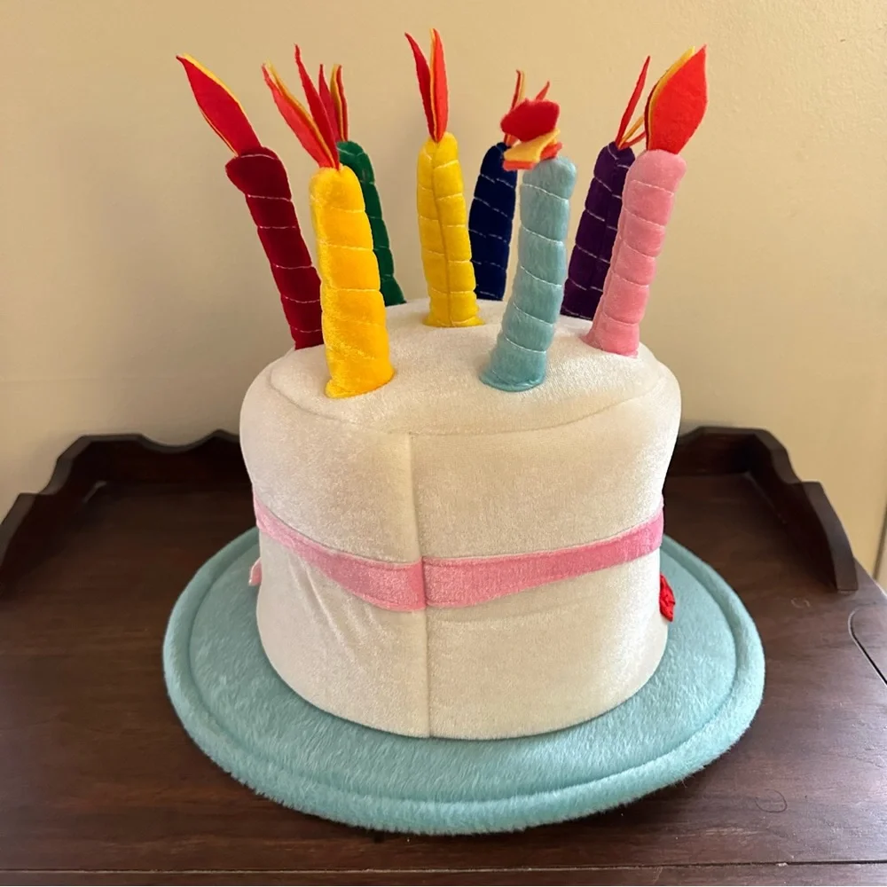 Plush Happy Birthday Cake Hat Aqua Rim White a cake Pink Ribbon Flowers Candle